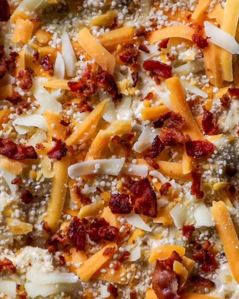 Cheesy Cauliflower Delight with Bacon & Mushrooms