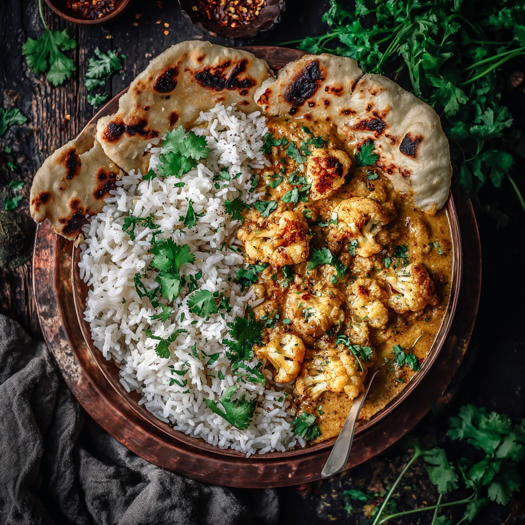 Coconut Cauliflower Curry with Fragrant Rice and Naan