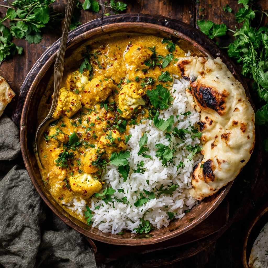 Coconut Cauliflower Curry with Fragrant Rice and Naan