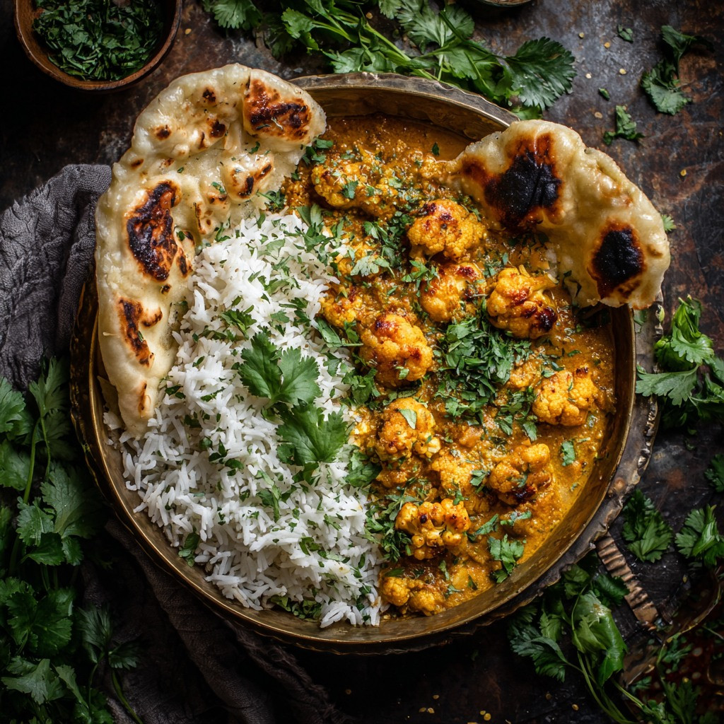 Coconut Cauliflower Curry with Fragrant Rice and Naan
