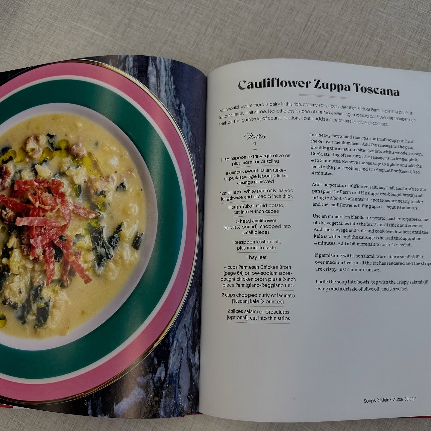 Creamy Cauliflower Kale Soup with Sausage and Crispy Prosciutto