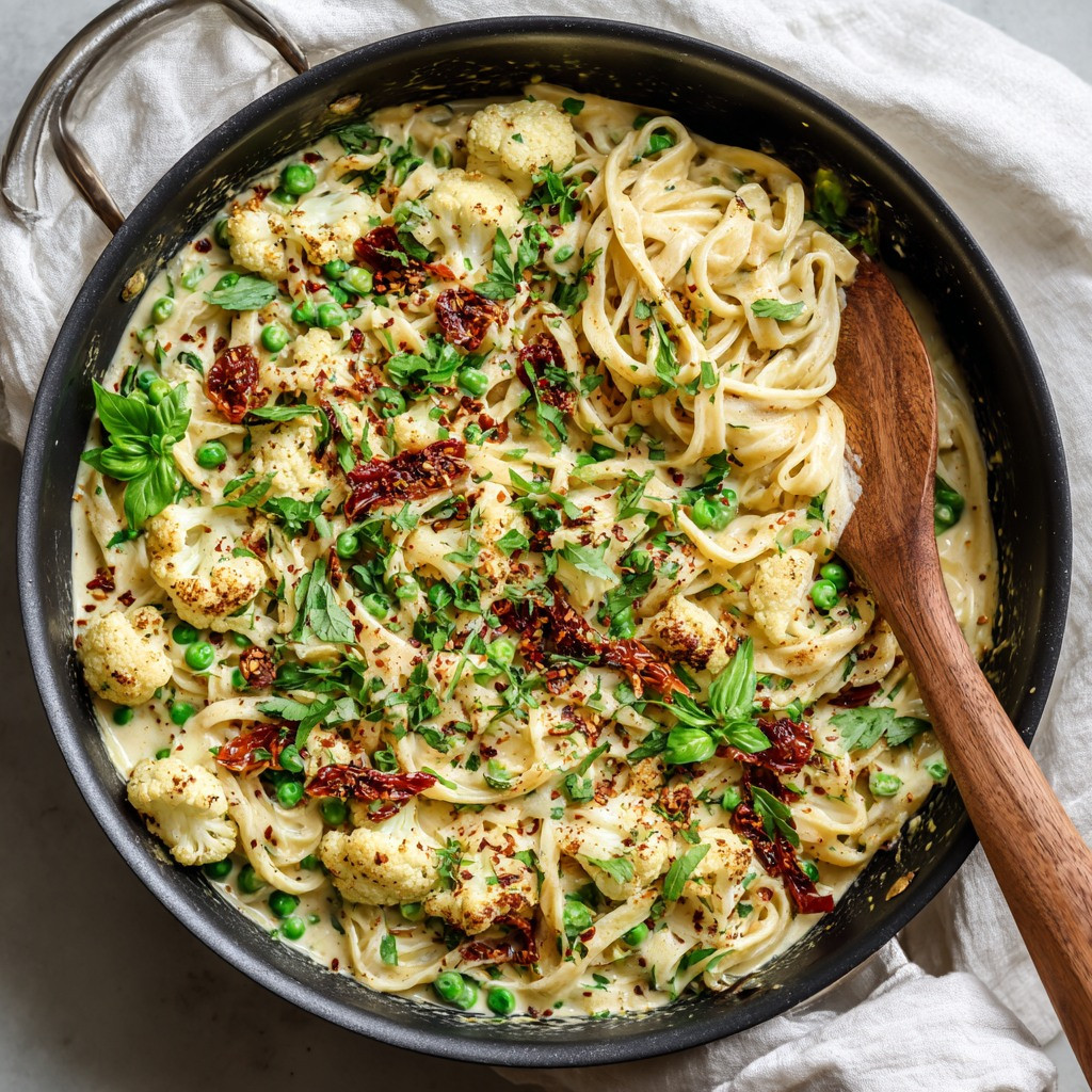 Creamy Cauliflower Linguine with Garlic and Roasted Tomatoes