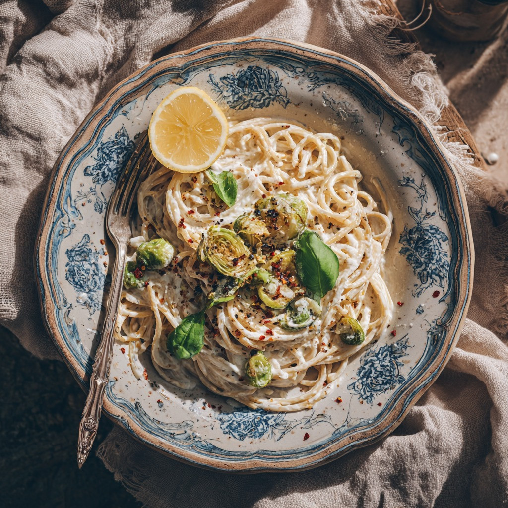 Creamy Miso Pasta with Golden Brussels Sprouts