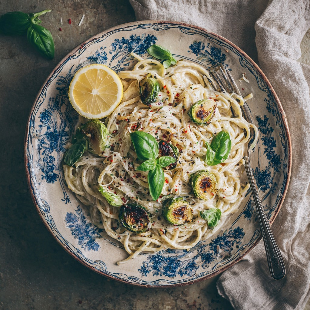 Creamy Miso Pasta with Golden Brussels Sprouts