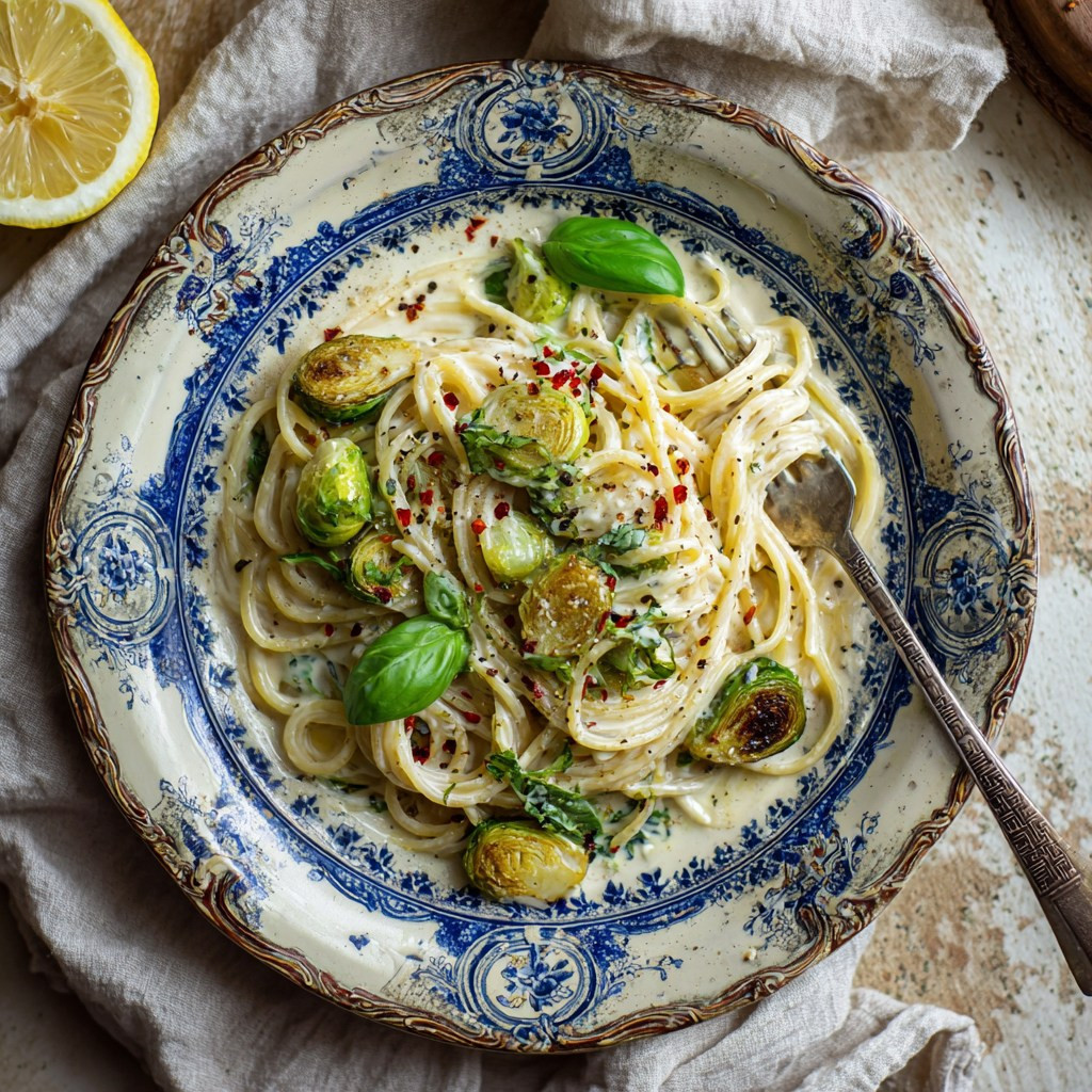 Creamy Miso Pasta with Golden Brussels Sprouts