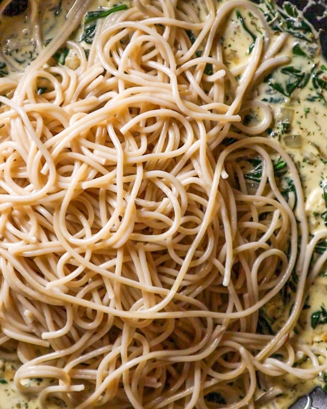 Creamy Spinach Feta Pasta with Garlic Crunch