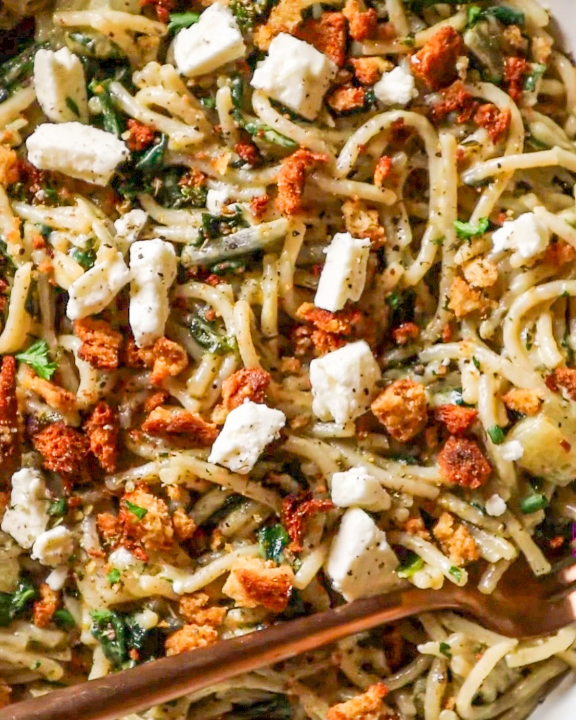 Creamy Spinach Feta Pasta with Garlic Crunch