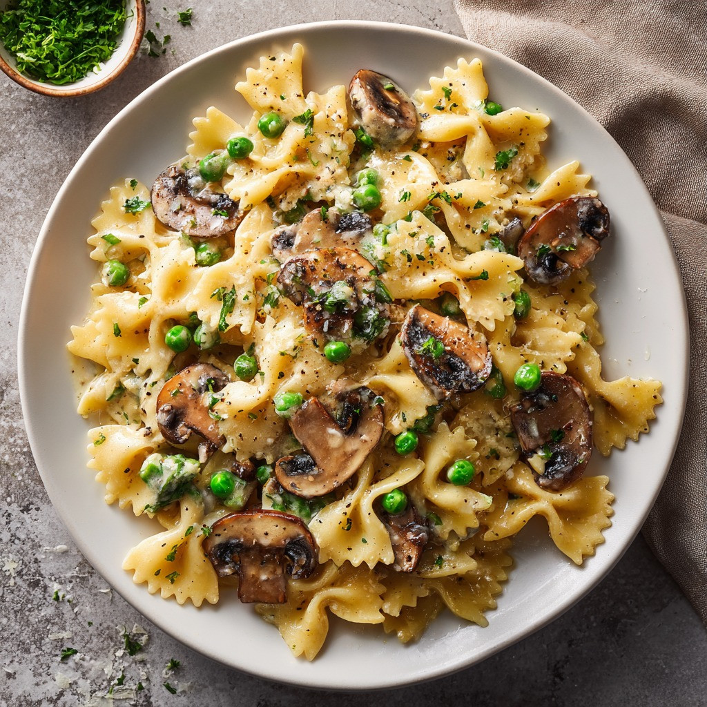 Creamy Tahini Pasta with Mushrooms and Peas Delight
