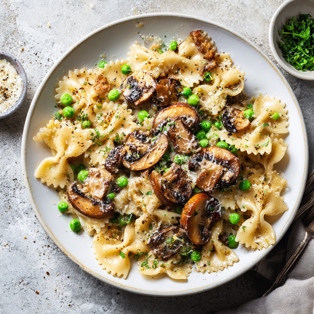 Creamy Tahini Pasta with Mushrooms and Peas Delight