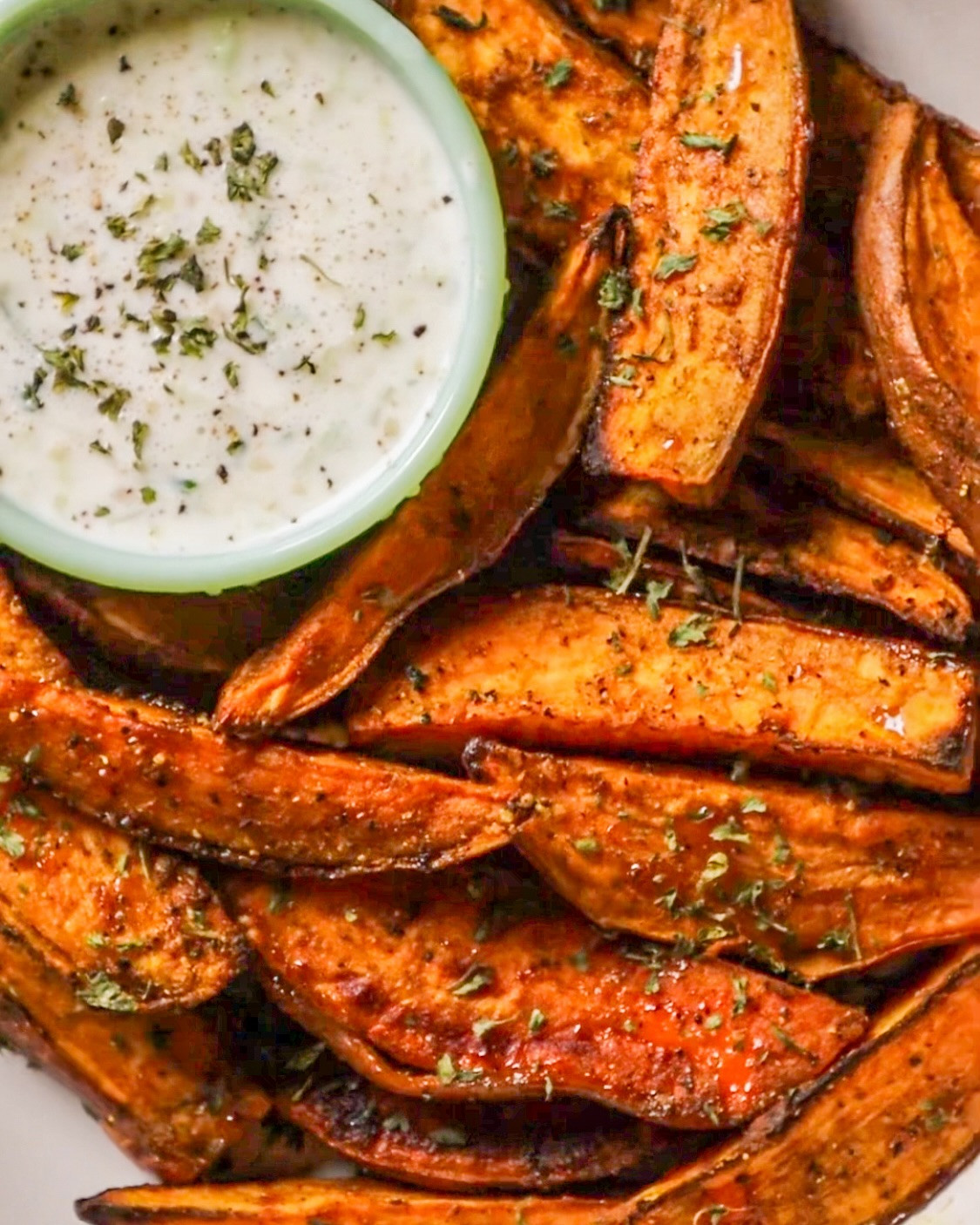 Crispy Curry Sweet Potato Wedges with Cool Yogurt Dip