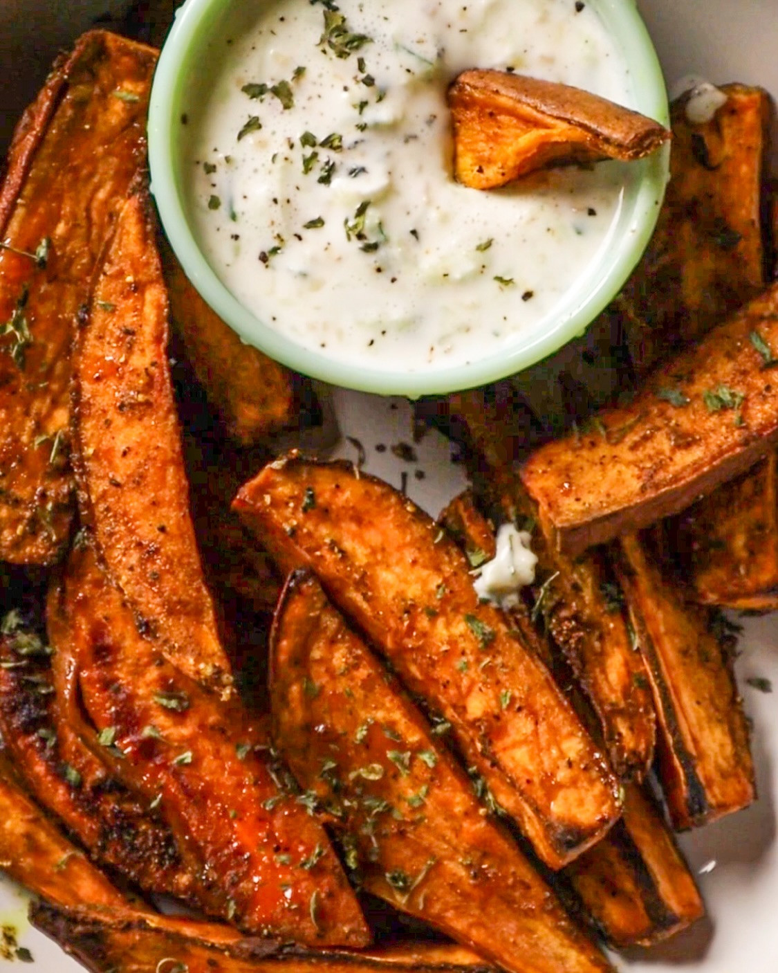 Crispy Curry Sweet Potato Wedges with Cool Yogurt Dip