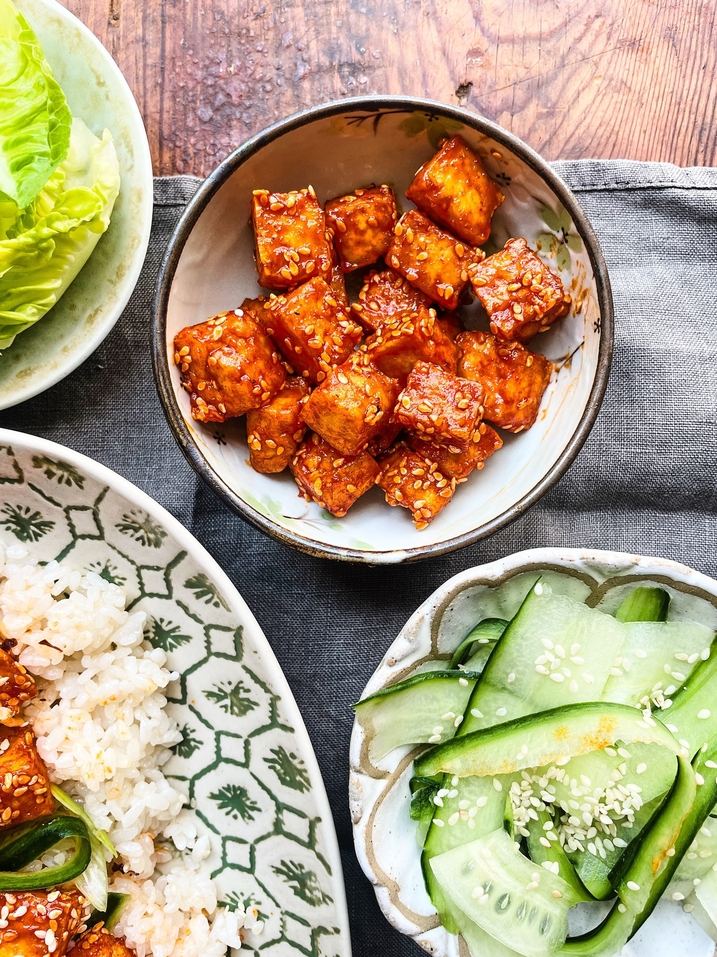 Crispy Gochujang Tofu Delight with Cooling Rice and Cucumber