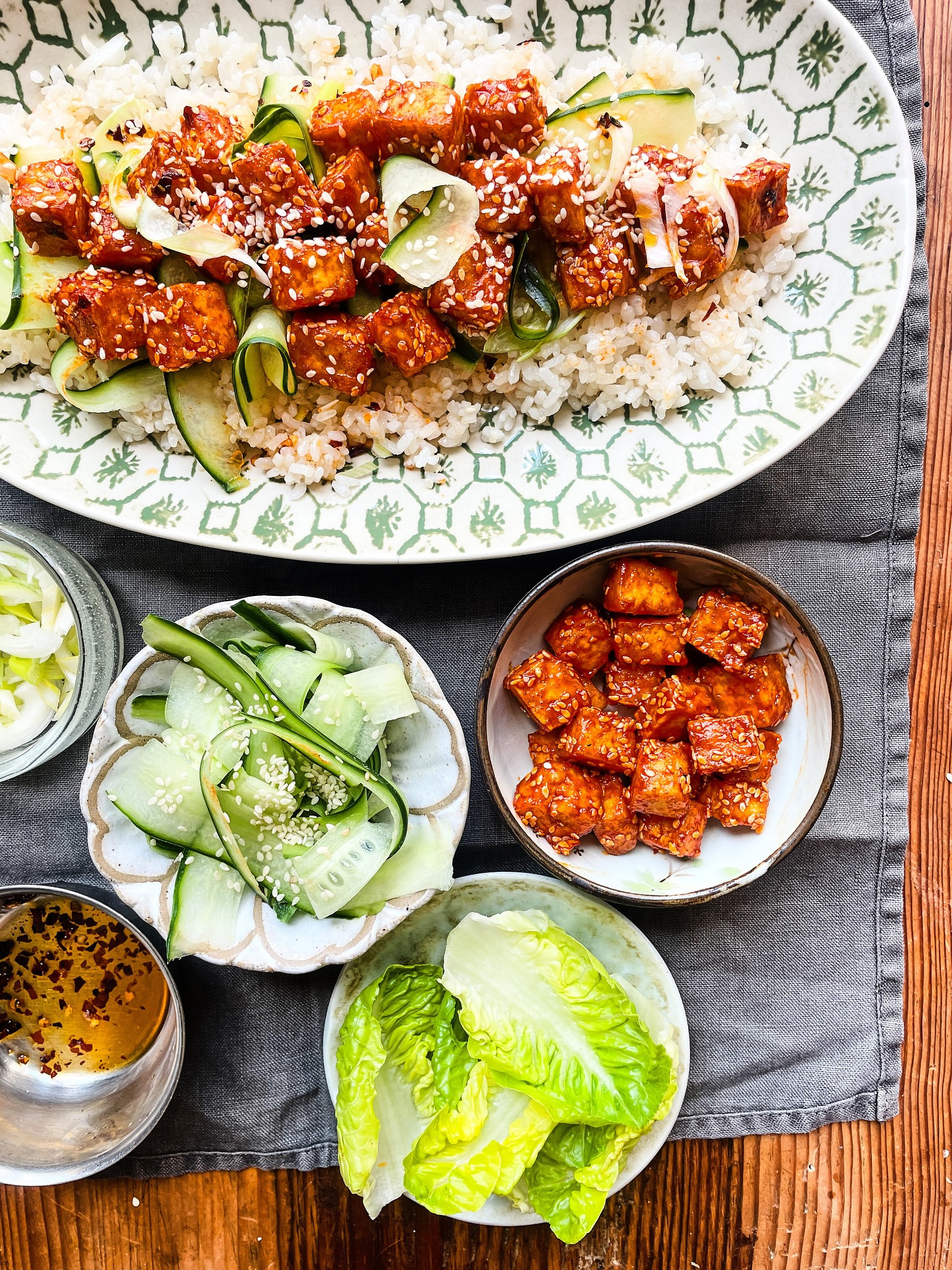 Crispy Gochujang Tofu Delight with Cooling Rice and Cucumber