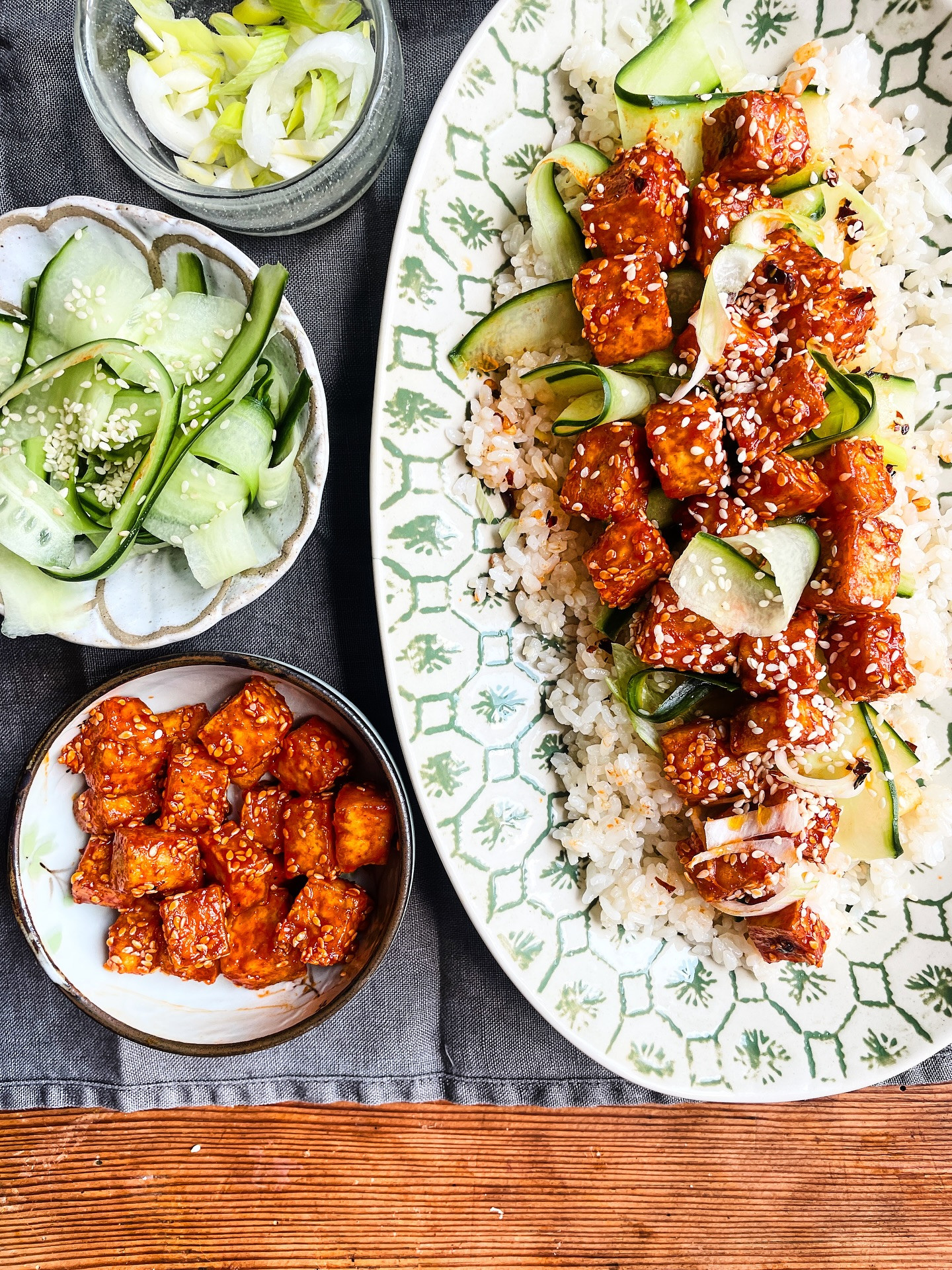 Crispy Gochujang Tofu Delight with Cooling Rice and Cucumber