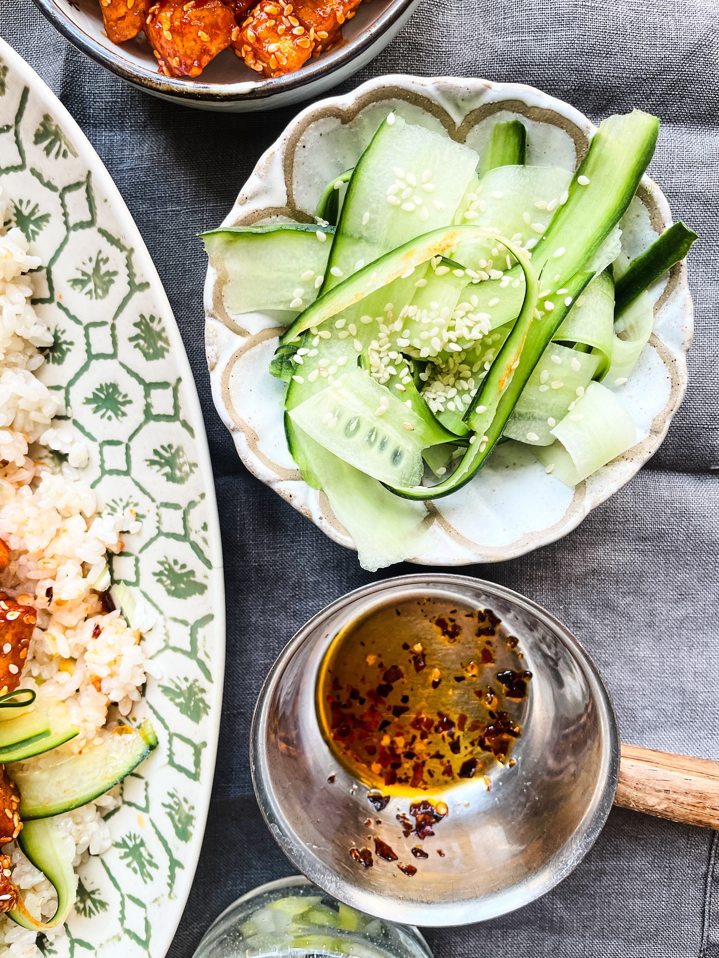 Crispy Gochujang Tofu Delight with Cooling Rice and Cucumber