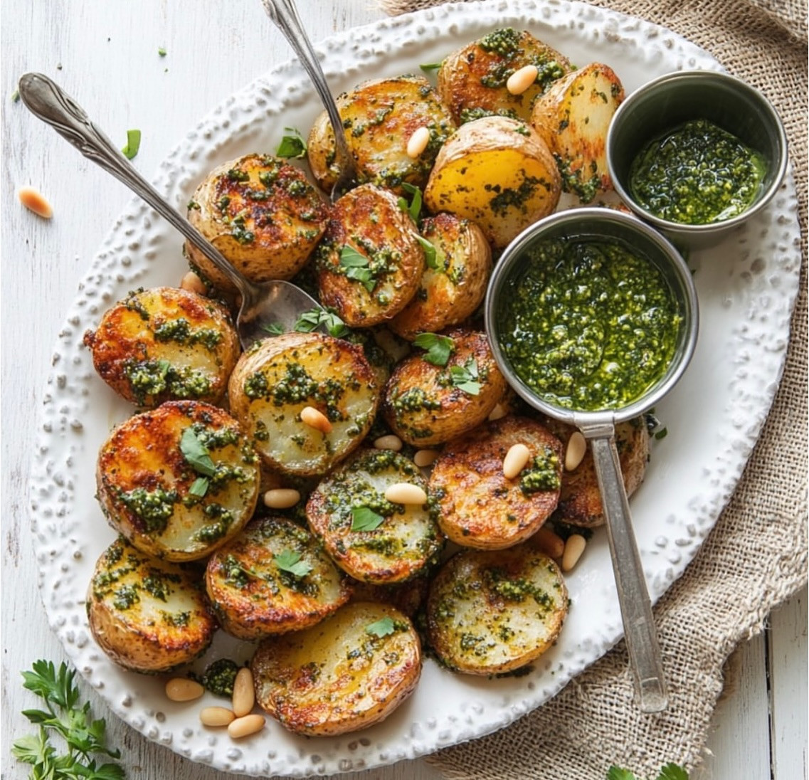 Crispy Smashed Potatoes with Zesty Garlic Pesto