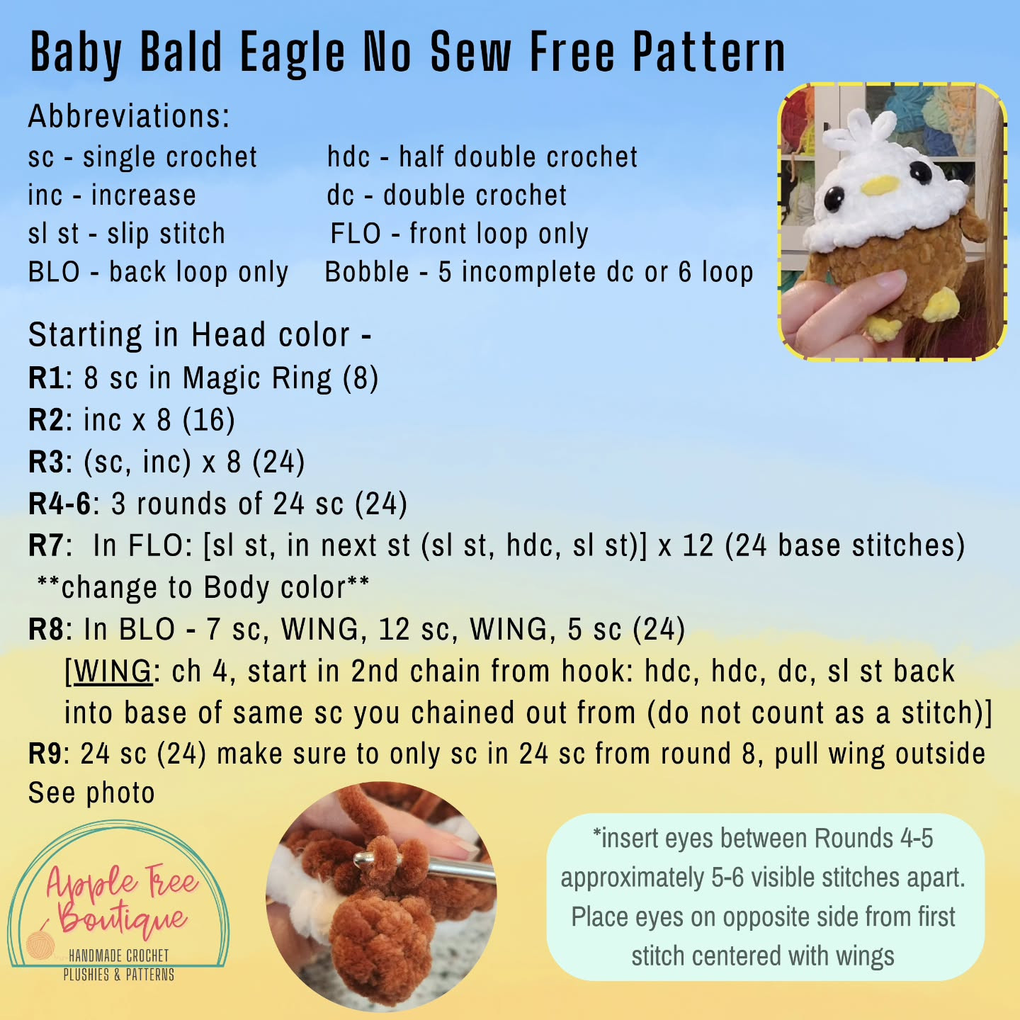 Crochet Baby Bald Eagle Amigurumi Pattern - No Sew, Free and Easy