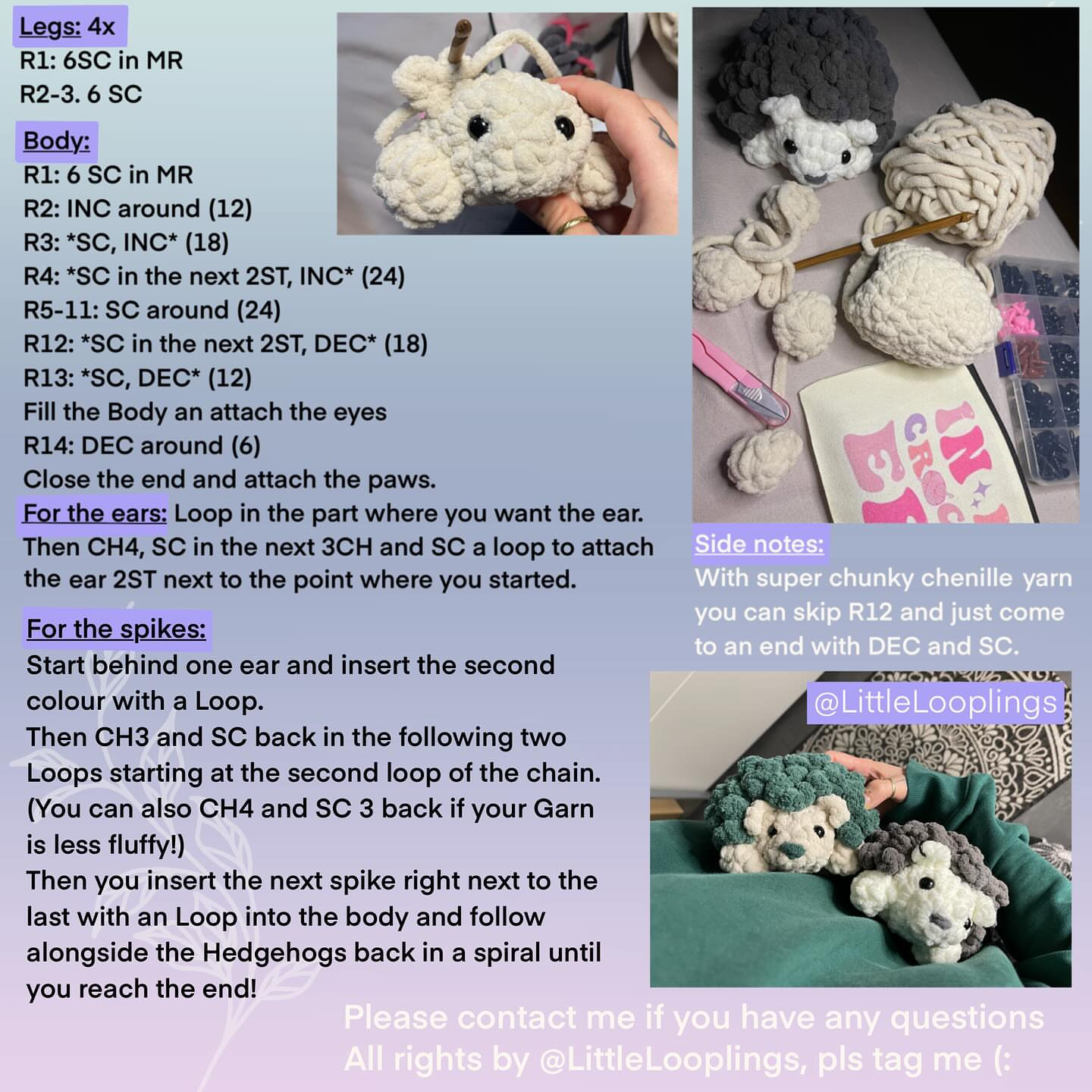 Crochet Hedgehog Pattern Using Chunky Chenille Yarn and 6.5mm Hook