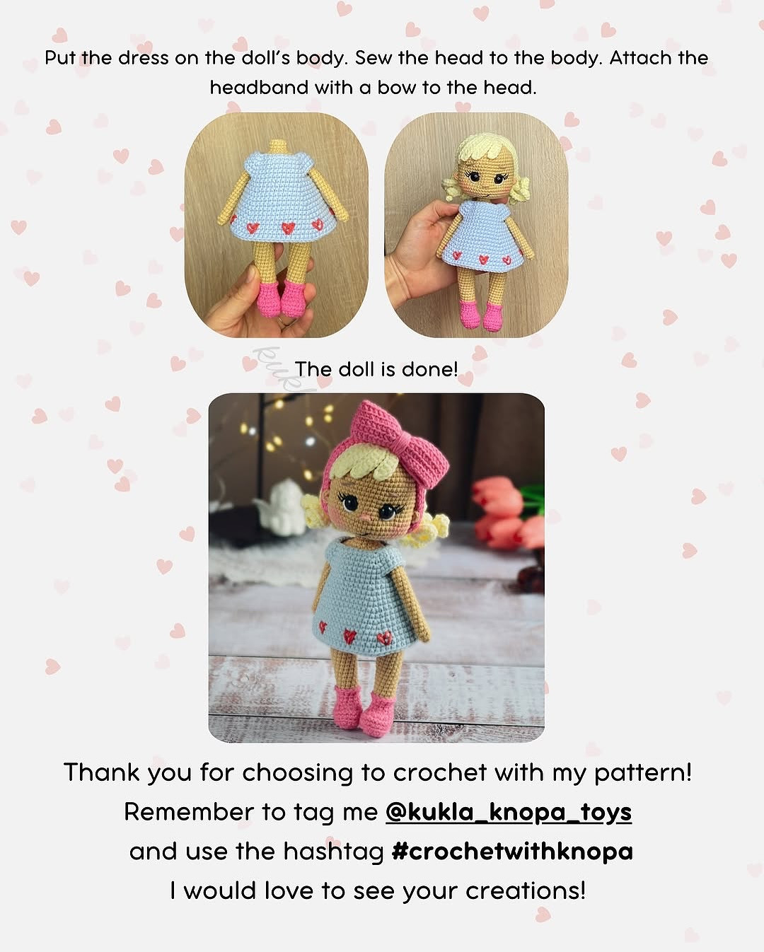 Crochet Pattern for Adorable Doll with Pink Bow and Heart Dress