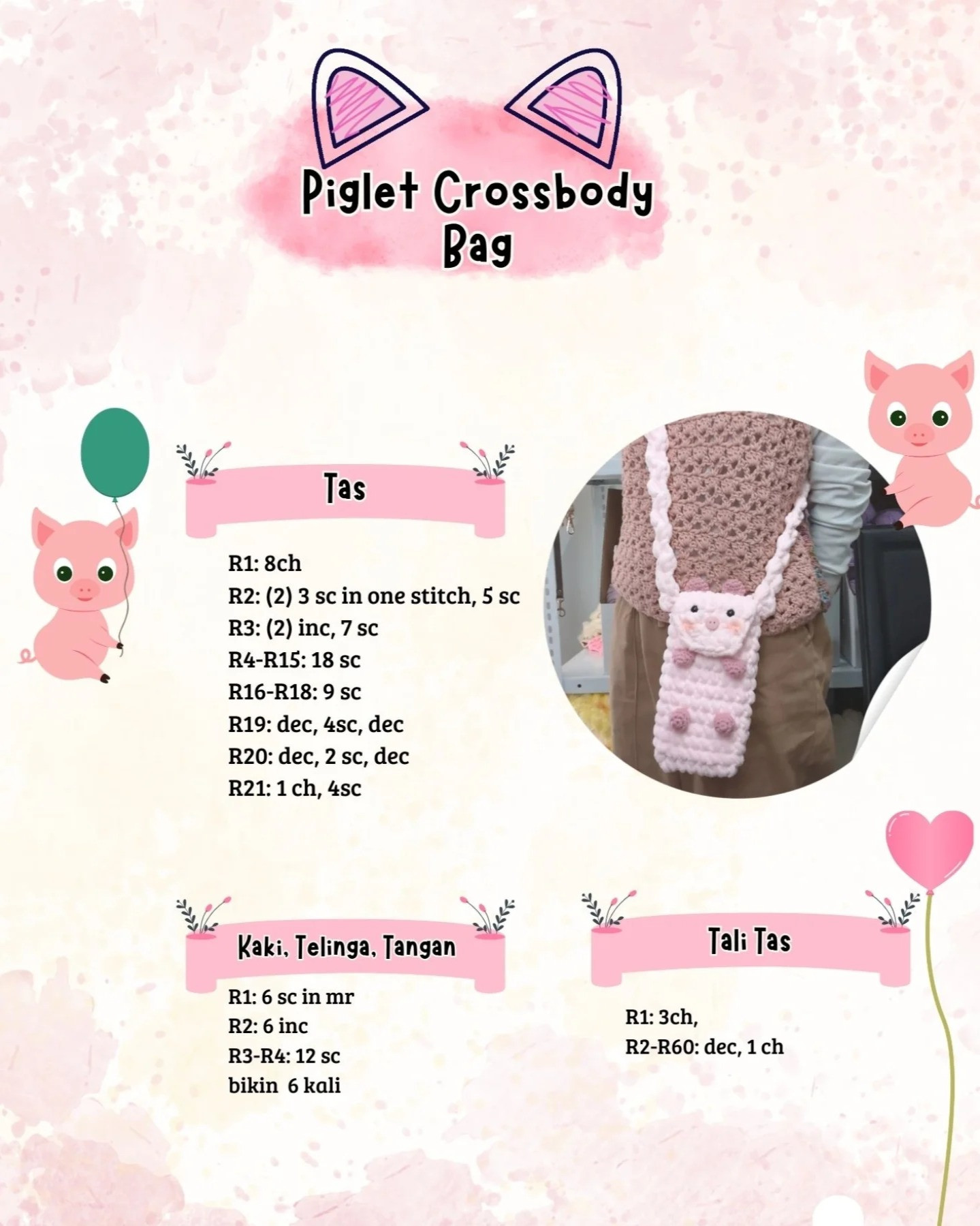 Crochet Pattern for Cute Piglet Crossbody Bag