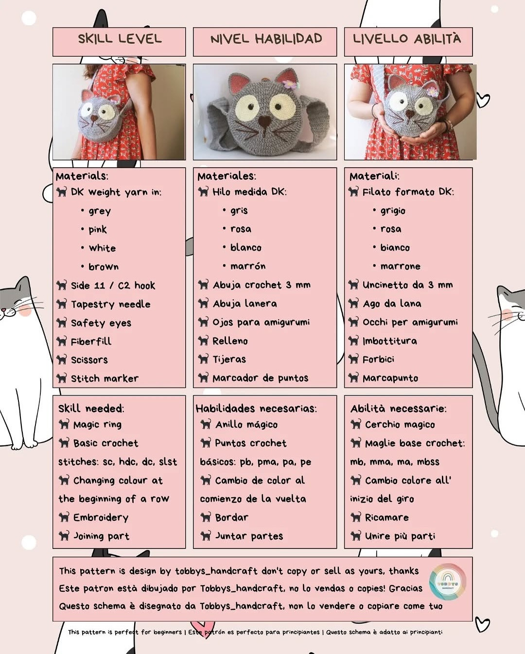 Cute Cat Shoulder Bag Crochet Pattern in Multiple Languages