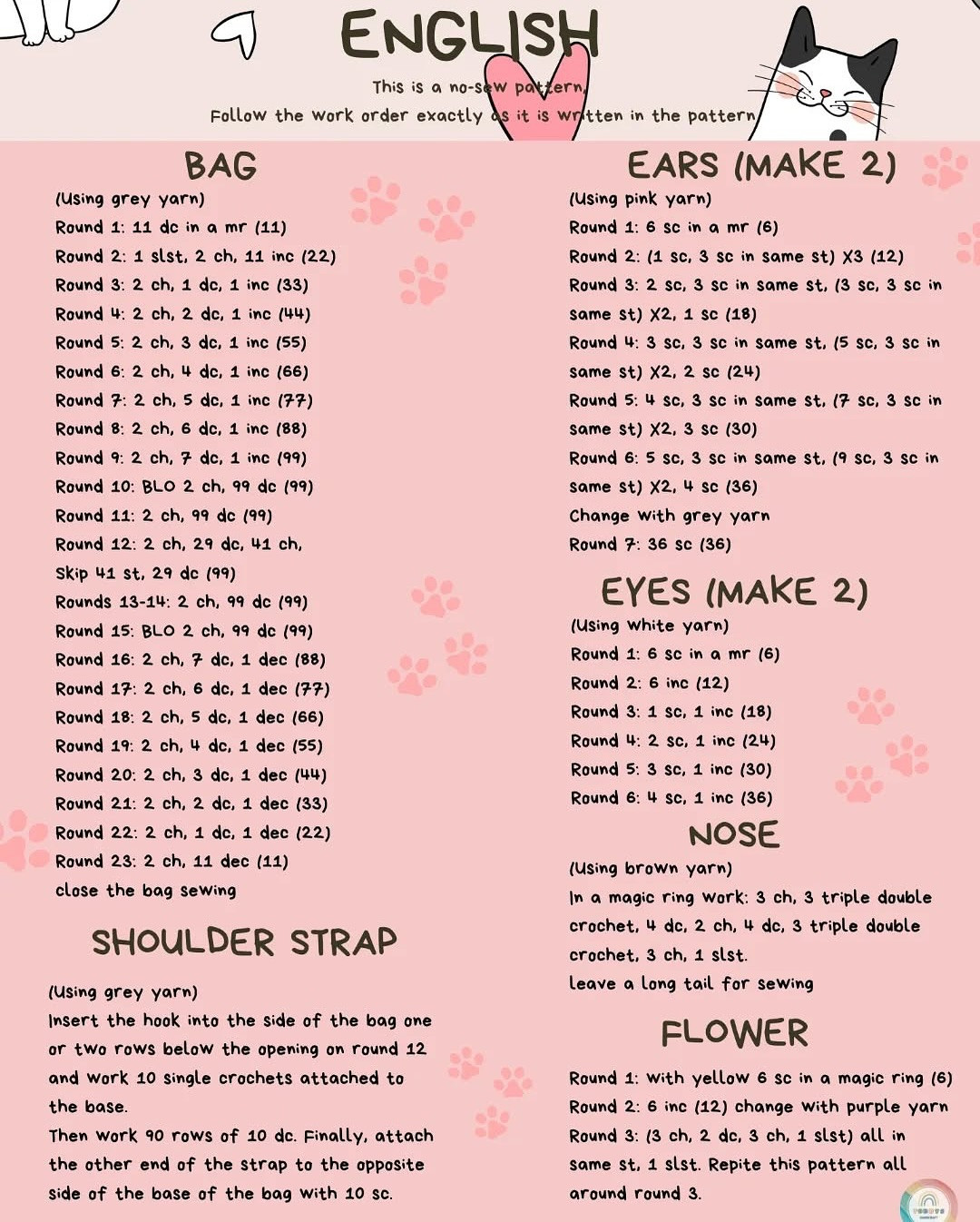 Cute Cat Shoulder Bag Crochet Pattern in Multiple Languages