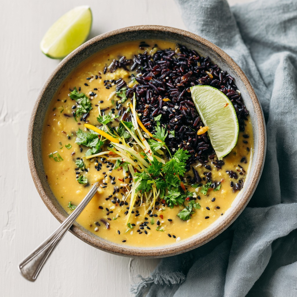 Ginger Sweet Potato Dal with Coconut Leeks and Black Rice