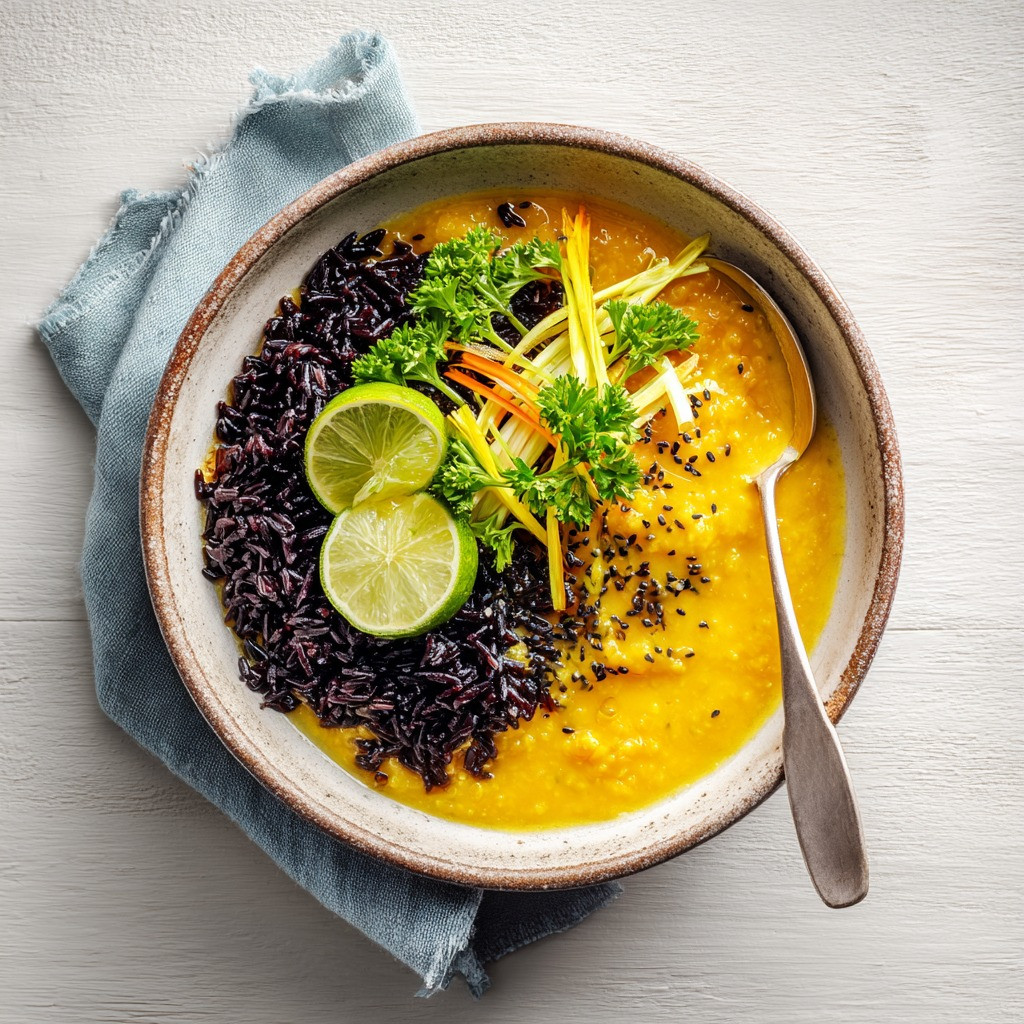 Ginger Sweet Potato Dal with Coconut Leeks and Black Rice
