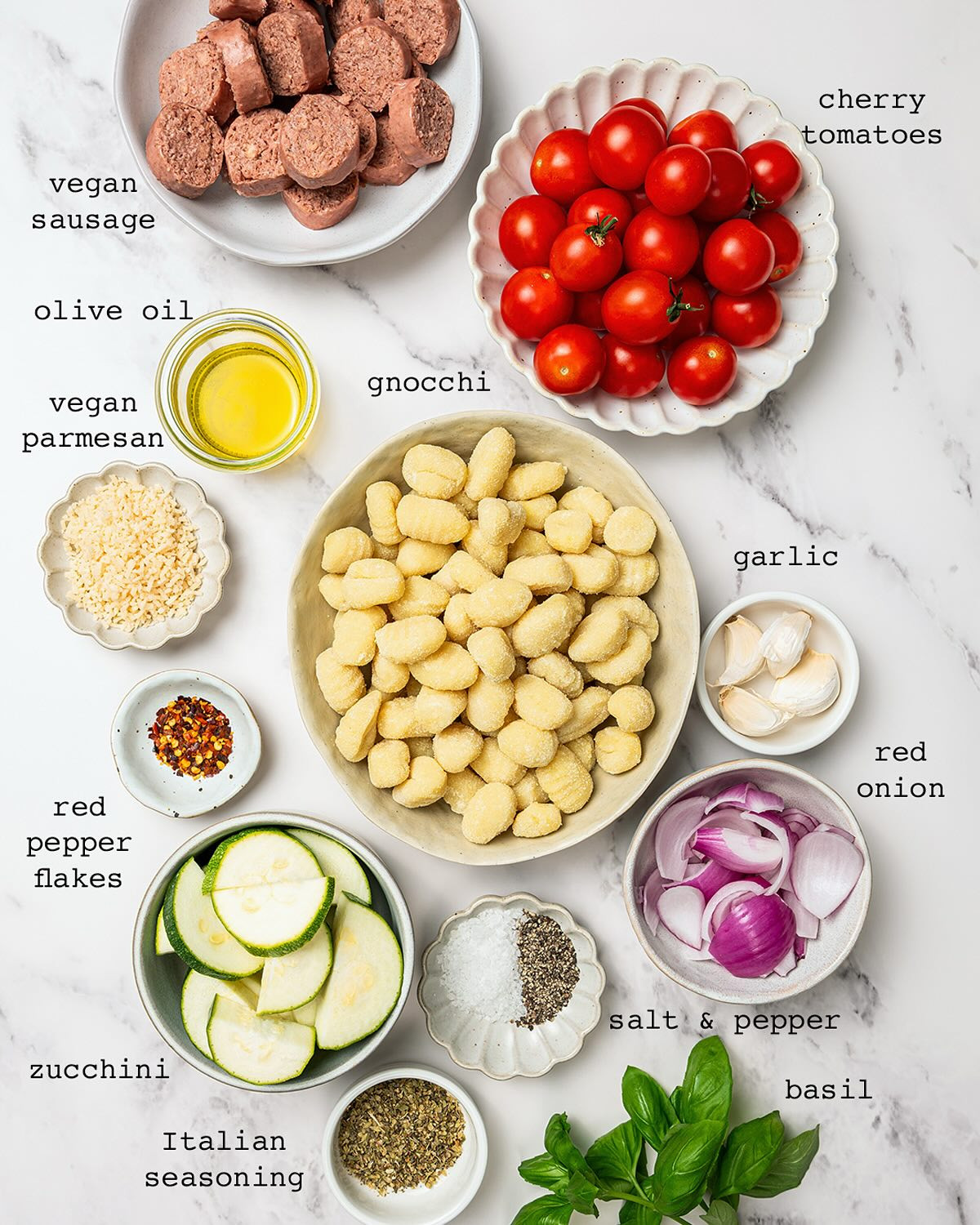 Golden Vegan Gnocchi with Herbed Sausage and Caramelized Vegetables