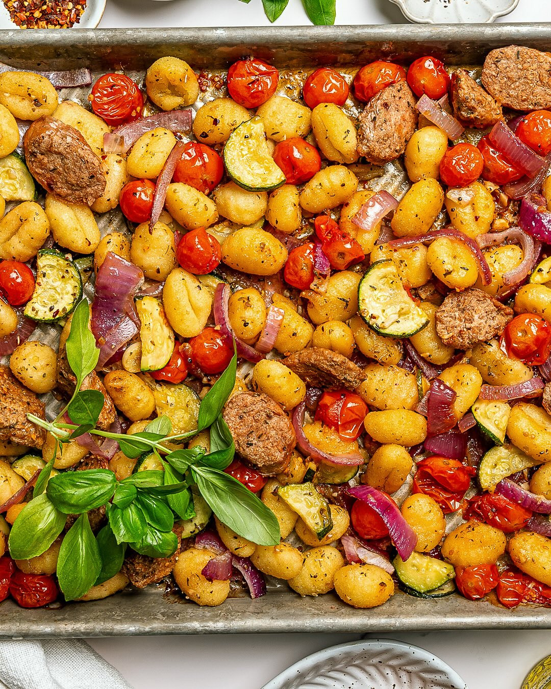 Golden Vegan Gnocchi with Herbed Sausage and Caramelized Vegetables