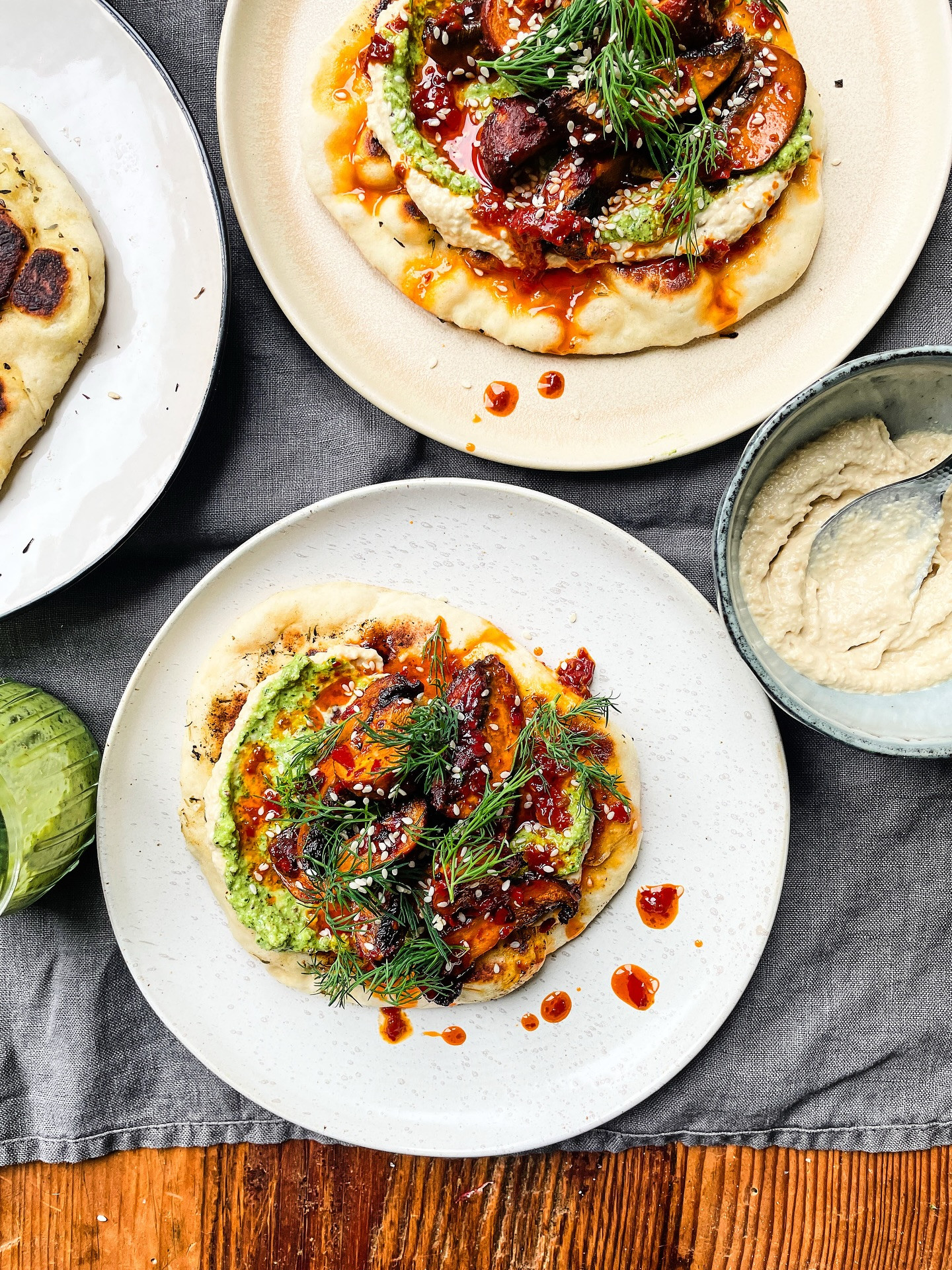 Harissa-Spiced Mushrooms on Za’atar Flatbread with Hummus Delight