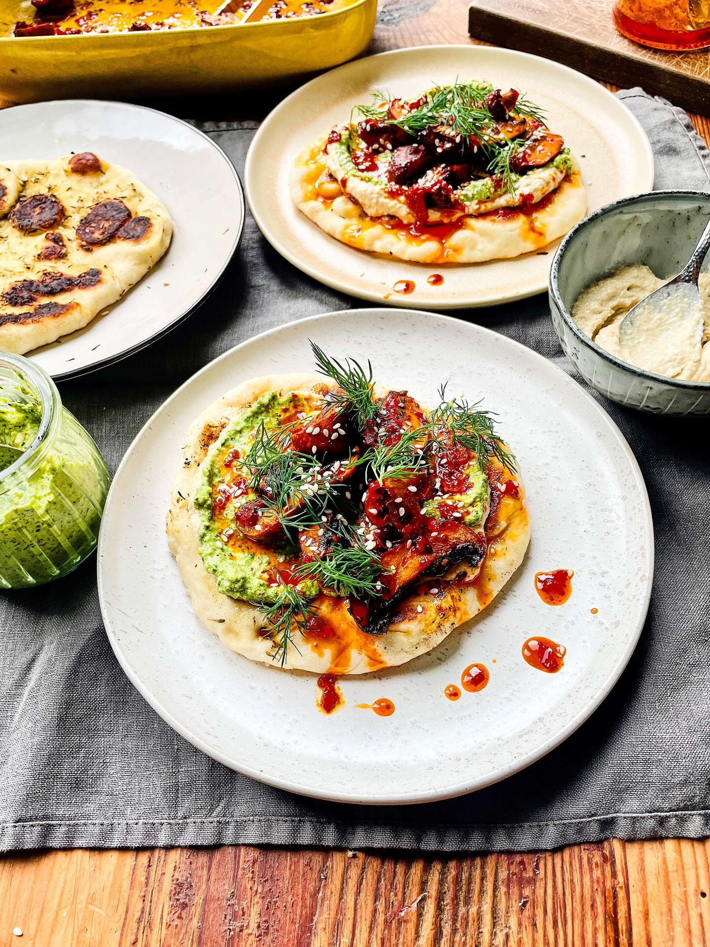Harissa-Spiced Mushrooms on Za’atar Flatbread with Hummus Delight