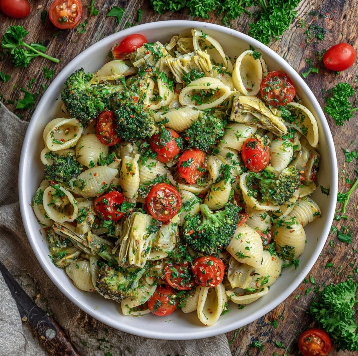 Herb-Infused Shell Pasta with Broccoli and Tomatoes