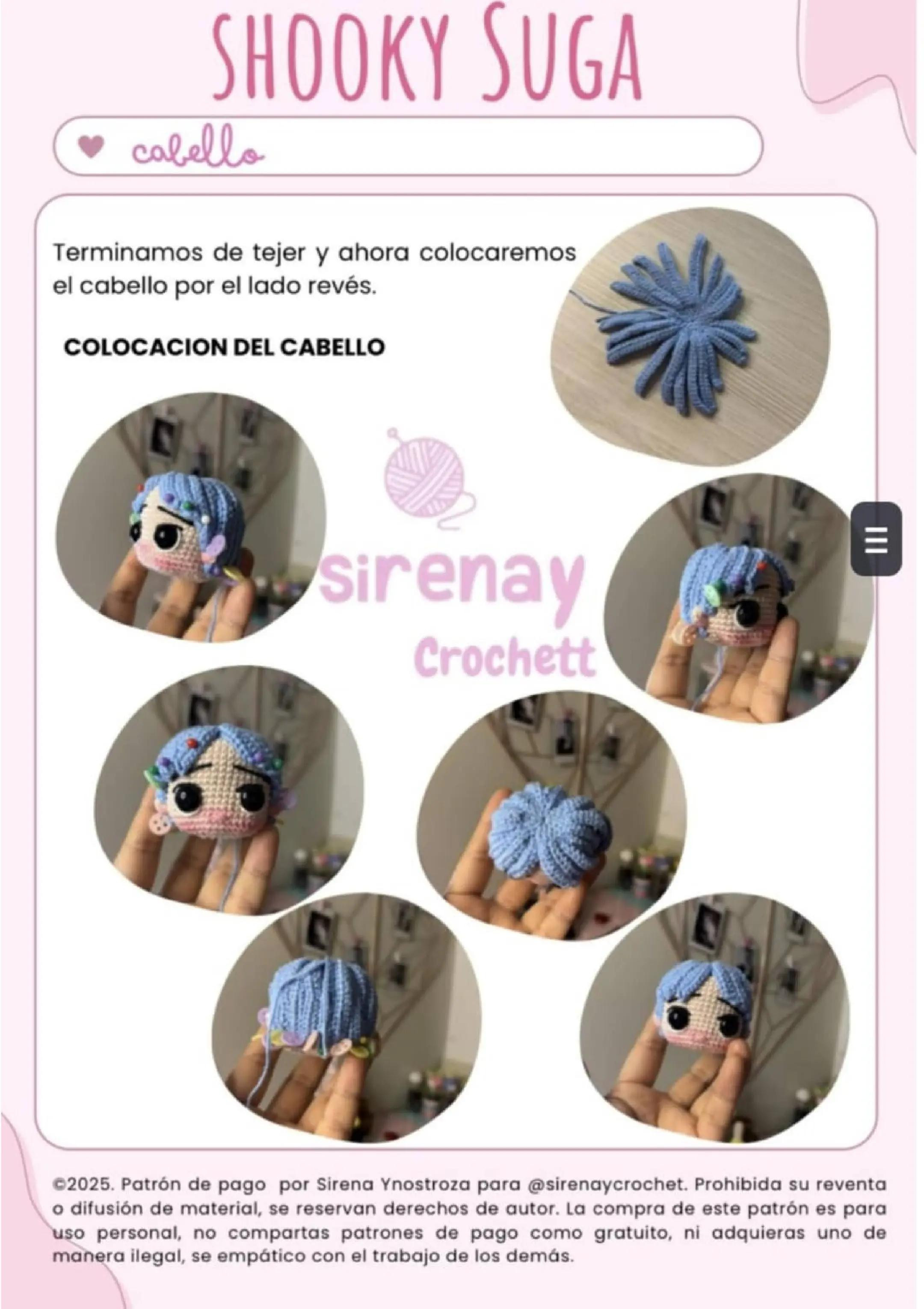 Patrón de amigurumi de muñeco con capucha marrón y pelo azul