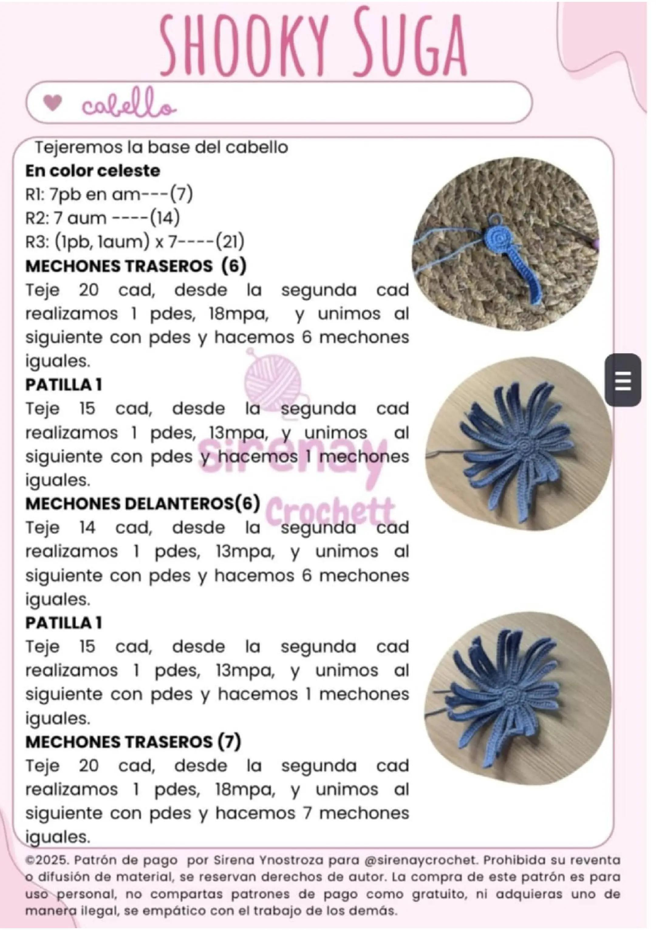 Patrón de amigurumi de muñeco con capucha marrón y pelo azul