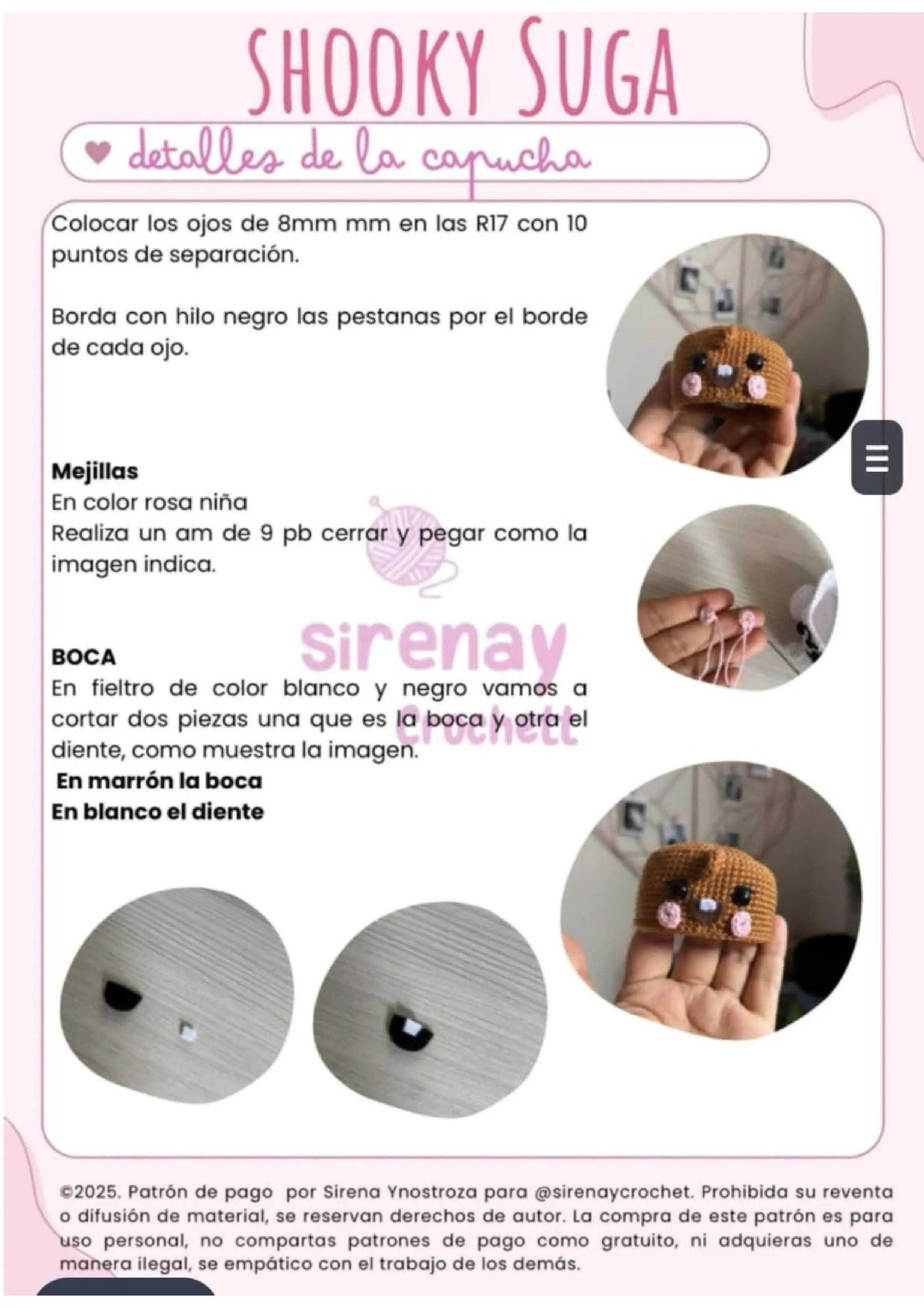 Patrón de amigurumi de muñeco con capucha marrón y pelo azul