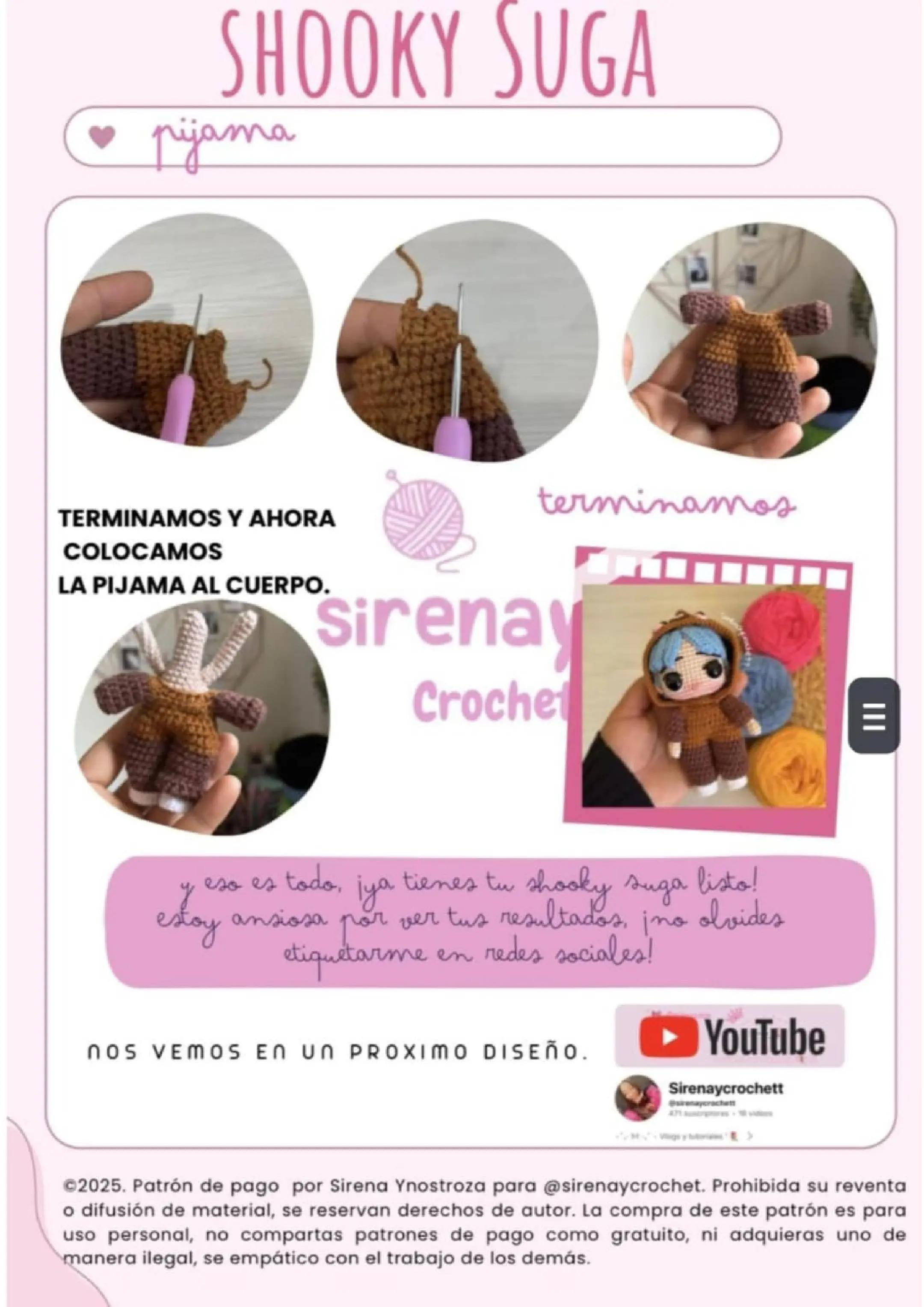 Patrón de amigurumi de muñeco con capucha marrón y pelo azul