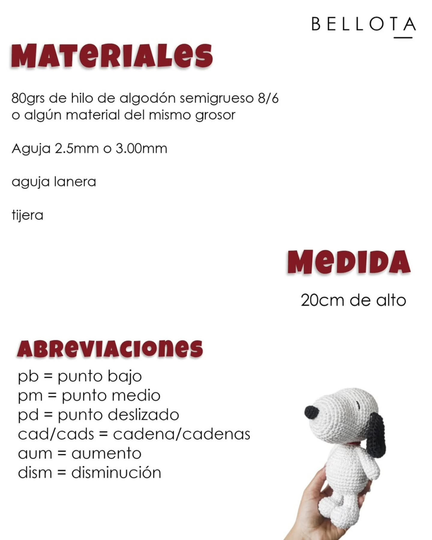 Patrón de amigurumi gratis de Snoopy para principiantes