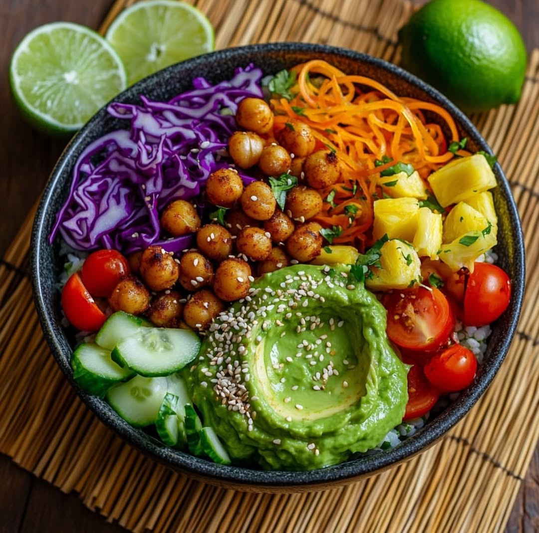 Rainbow Vegan Buddha Bowl with Avocado Lime Dressing