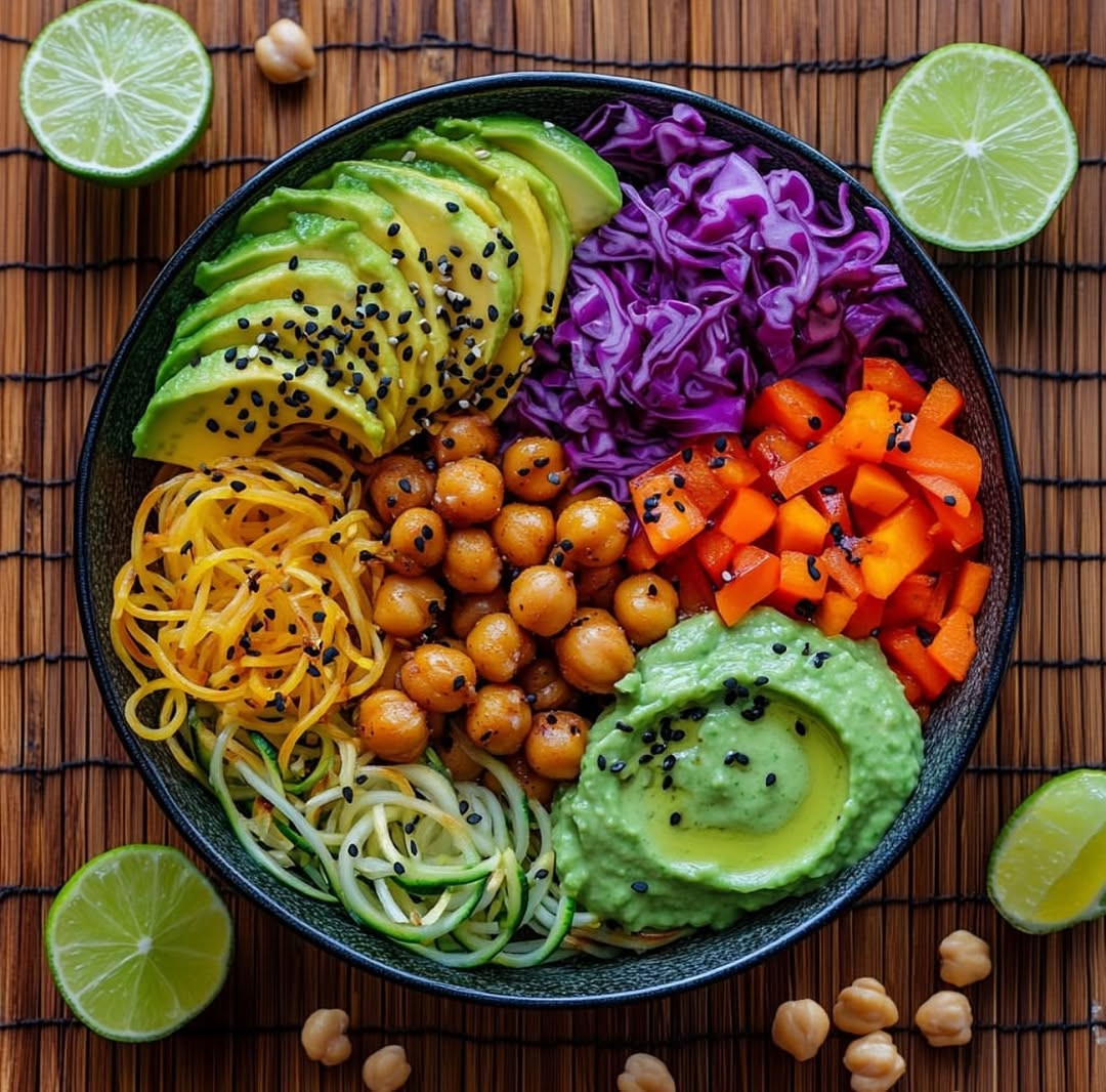 Rainbow Vegan Buddha Bowl with Avocado Lime Dressing