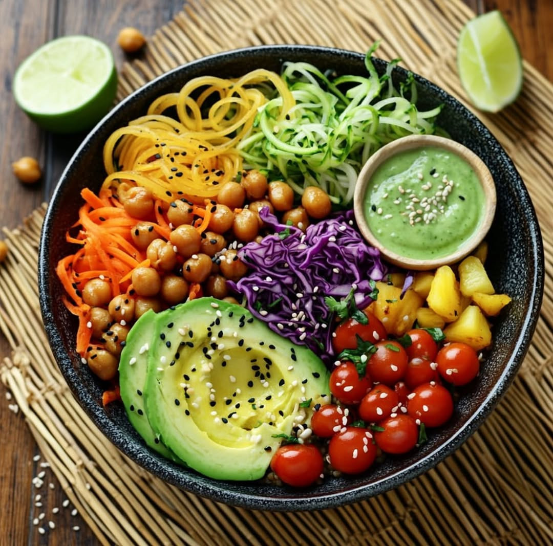 Rainbow Vegan Buddha Bowl with Avocado Lime Dressing