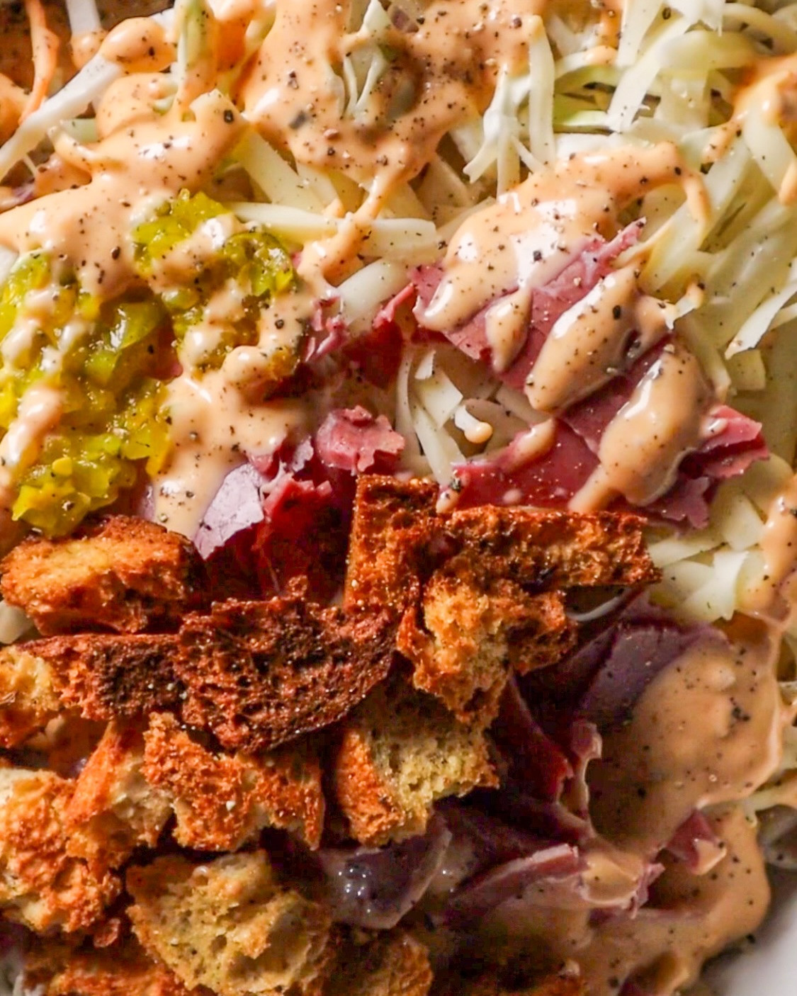 Reuben Pasta Delight with Crunchy Rye Croutons