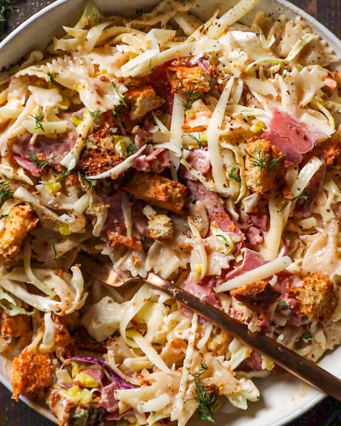 Reuben Pasta Delight with Crunchy Rye Croutons