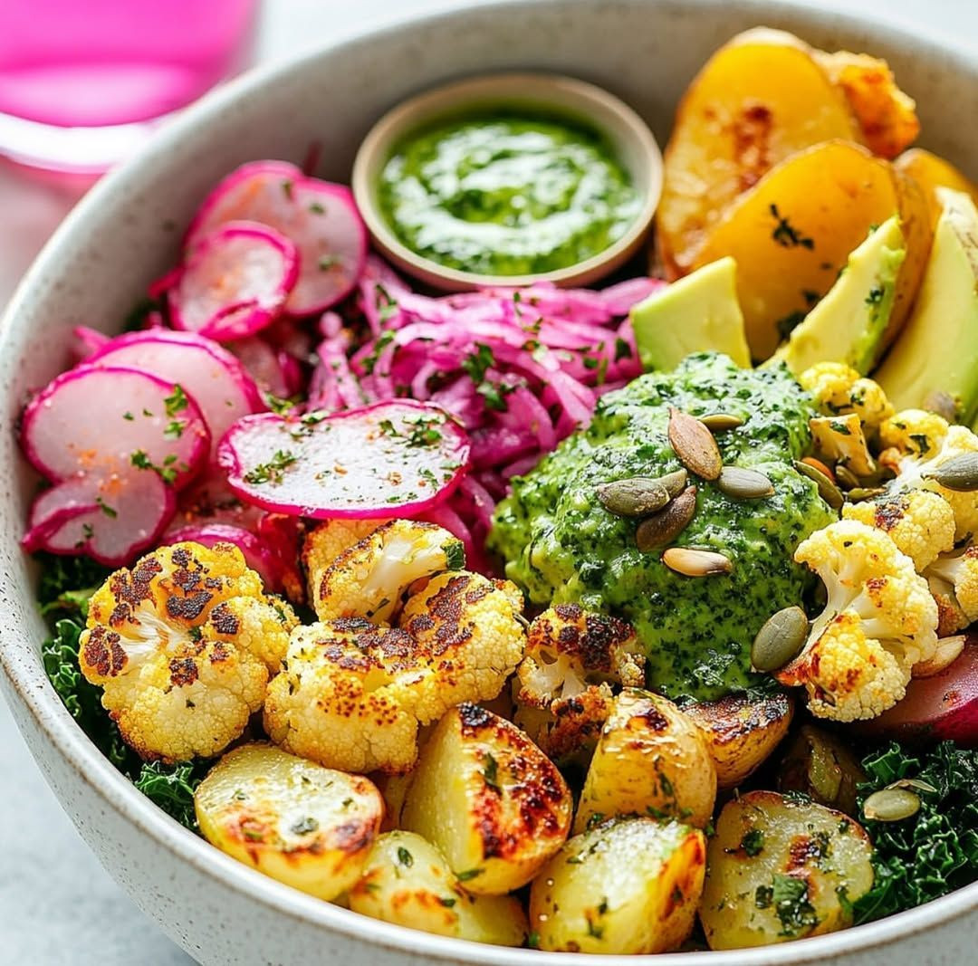 Roasted Cauliflower and Chickpea Harmony Bowl with Herb Tahini
