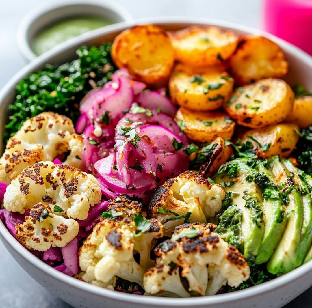 Roasted Cauliflower and Chickpea Harmony Bowl with Herb Tahini