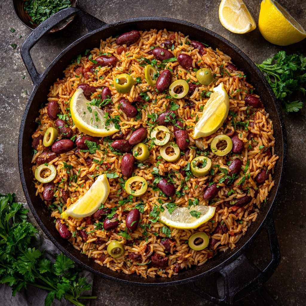 Saffron-Infused Spanish Rice with Vibrant Beans and Olives