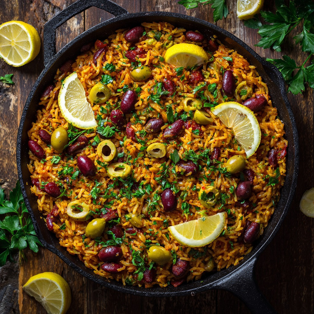 Saffron-Infused Spanish Rice with Vibrant Beans and Olives