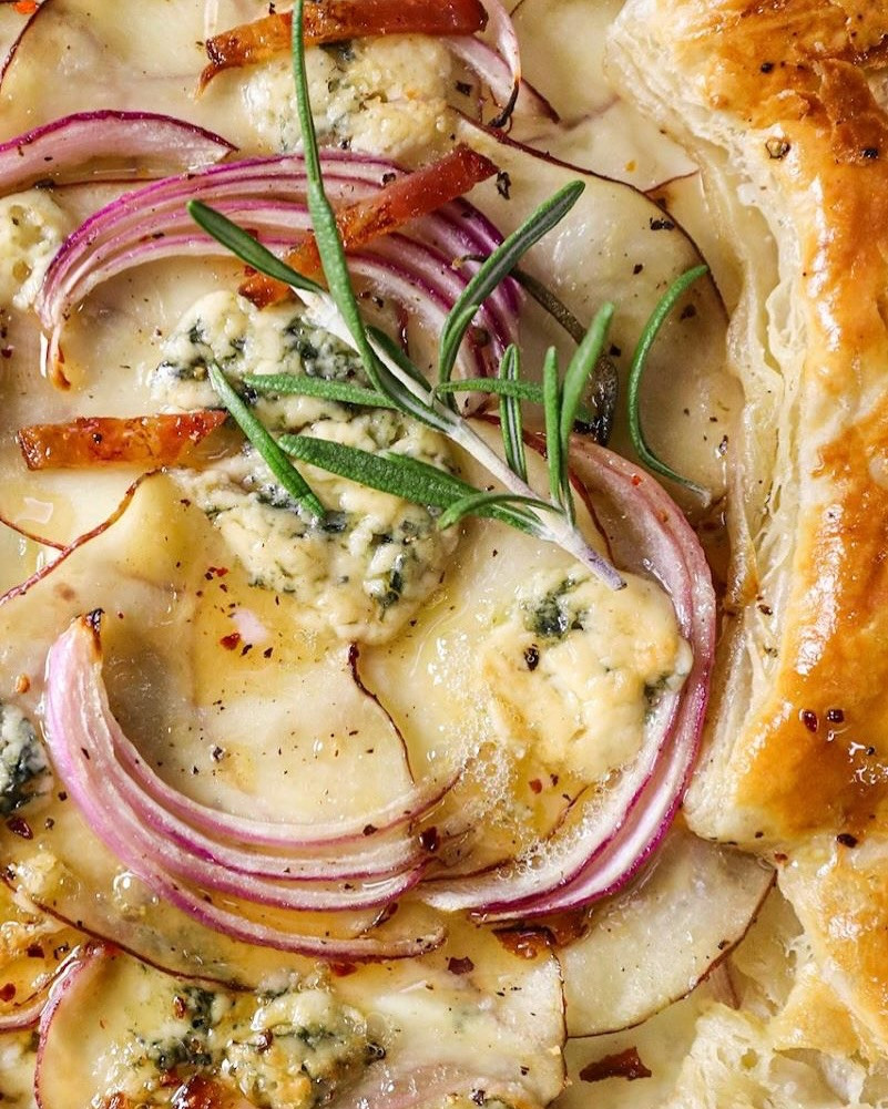 Savory Bacon and Bleu Cheese Potato Tart with Spicy Honey Drizzle