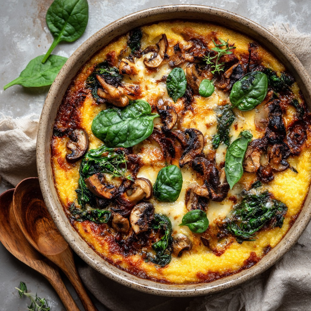 Savory Spinach & Mushroom Polenta Pie with Almond Ricotta