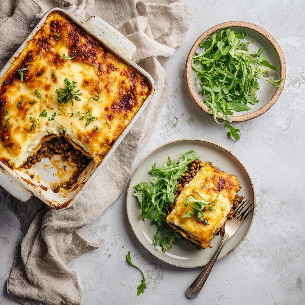 Savory Vegan Moussaka with Lentils and Aubergine Layers
